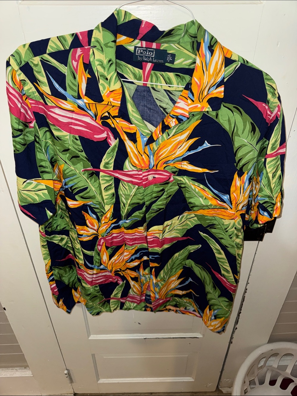 Polo by Ralph Lauren Navy Tropical Floral Short-Sleeve Camp Shirt Viscose L Y2K